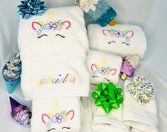 Luxury Unicorn Bath Towel Set, personalized unicorn towels, embroidered unicorn bath towel set, gift for kid, little girls bathroom decor