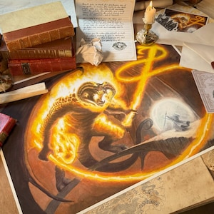 Poster arrotolati - Stampa artistica fantasy di Gandalf e Balrog de Il Signore degli Anelli, carta fine art semi-lucida opaca, disegno di Tolkien in edizione limitata