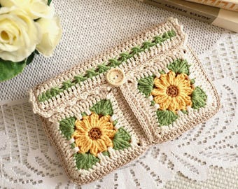 Funda para libros tejida a crochet: Cubierta de girasol, protector para lectores.