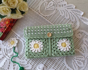 Gehäkelte Buchhülle mit Gänseblümchen-Blumen-Buchumschlag Lesezeichen Gehäkelte Buchhalter Geschenke für Leser Handgemachte gemütliche Clutch-Beutel-Beutel