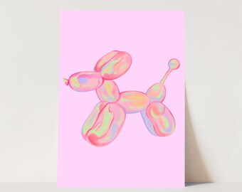 May include: A pink illustration of a balloon dog on a pink background. The balloon dog is made of several connected, rounded shapes, with a gradient of colors including pink, yellow, and green. The artwork is displayed on a white surface.