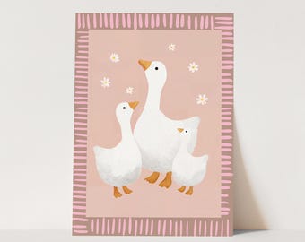 Lámina decorativa de una familia de gansos: Arte mural infantil pintado a mano (descarga digital)