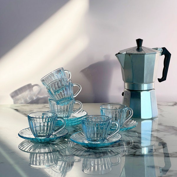 Set of 6 Espresso Glasses | Blue Coffee Cups And Saucers | Blue Glass Coffee Cups