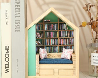 Libreria per l'ansia selezionata, Mini libreria decorativa per l'ansia, Libreria in legno che vibra e allevia lo stress, Mini scatola per la stanza realizzata a mano, Arredamento per la casa