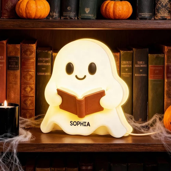Cute Ghost Reading Book Lamp – Halloween LED Night Light, 6-Inch Portable Decor