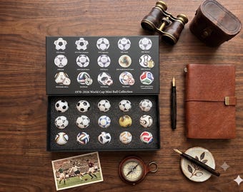 Set de mini balones de fútbol de la historia de la Copa Mundial (1970-2026), caja coleccionable de fútbol de primera calidad, regalo para aficionados al fútbol, pieza de exhibición para museos de fútbol.