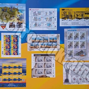 Sellos icónicos de la guerra en Ucrania - Barco ruso go.. PTN PNH Banksy Puente de Crimea Perro Patrona Madre Ucrania MNH