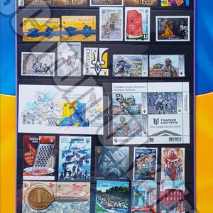 Sellos icónicos de la guerra de Ucrania en carpeta - Barco ruso go.. PTN PNH Banksy Perro del puente de Crimea Patrona Madre Ucrania MNH