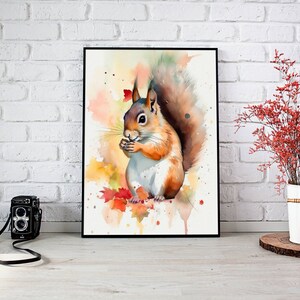 Printable Watercolor Squirrel Art, Home Decor, Decorative Posters, Squirrel Art Painting