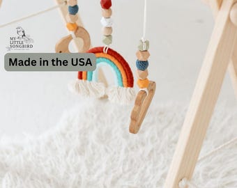 Foldable Baby Play Gym: Rainbow Macrame Mobile, Wooden Activity Center
