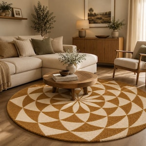 May include: A living room scene featuring a large, beige sectional sofa with various throw pillows and a textured blanket. A round, mustard-yellow and cream geometric patterned rug sits on the wooden floor. A wooden coffee table and side table complete the cozy space.