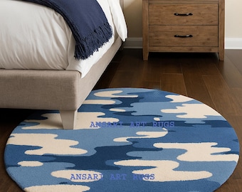 Hand Tufted Wool Round Rug, Abstract Cloud Pattern, Blue Cream Bedroom Decor