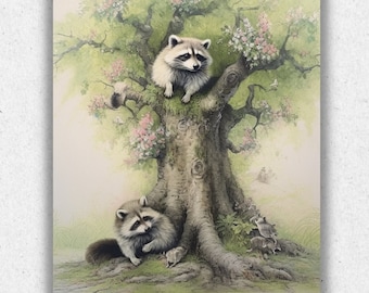 Nursery Wall Art | Raccoons & Tree Print | Vintage Children's Decor | Playroom Print | Printable Wall Decor | Digital Download | Animal Art