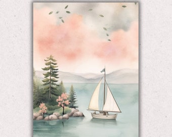 Pastelle Wandkunst | Segelboot Druck | Segelboot Seelandschaft | Küsten Druck | Spielzimmer Druck | Druckbare Wanddekoration | Digitaler Download