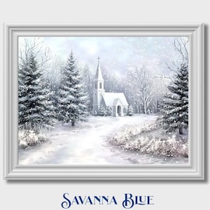 DIY Farmhouse Printable Art Seasonal Holiday Decor Winter Landscape Snowy Country Church Nordic Vintage Style Christmas Home Decor Art Print