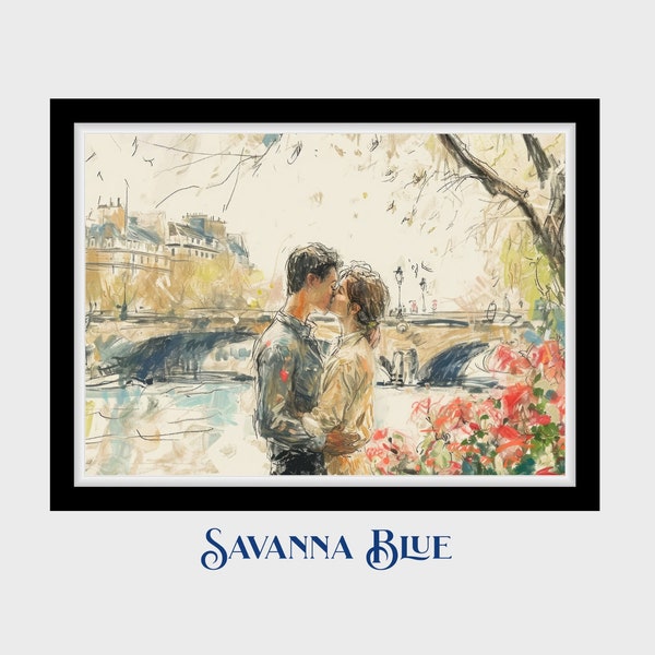 Intimate Kiss Print Sketch Art of Young Lovers City of Love Seine River Blooming Spring Romance Instant Digital Download Printable Wall Art