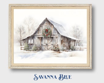 Farmhouse Winter Landscape Wall Art Christmas Sketch Outdoor Holiday Decor Snowy Rural Barn Art Instant Digital Download Printable Wall Art