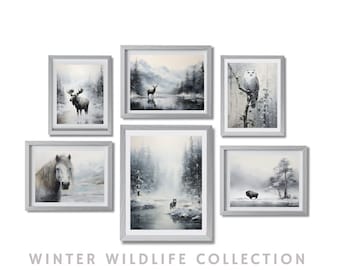 Winter Wildlife Wall Art Holiday Gallery Wall Snowy Outdoor Digital Prints Horse Wolf Owl Buffalo Moose Deer Downloadable Printable Wall Art