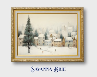 Snowy Village Winter Decor Digital Watercolor Style Painting Fine Art Winter Scene Soft Pastels Instant Digital Download Printable Wall Art