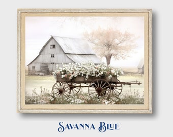 Floral Cart and Rustic Barn Spring Print Farmhouse Wall Art Country Scenery Rural Spring Decor Instant Digital Download Printable Wall Art