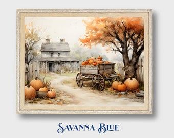 Autumn Farmhouse Sketch, Gallery Wall, Vintage Farmhouse Decor, Autumn Art, Fall Landscape, Pumpkin Print, Printable Art, Digital Download