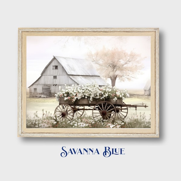 Floral Cart and Rustic Barn Spring Print Farmhouse Wall Art Country Scenery Rural Spring Decor Instant Digital Download Printable Wall Art