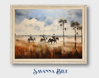 Florida Cowboys Digital Print Rustic Western Impressionist Decor Horseback Riders Palmetto Landscape Instant Digital Download Printable Art