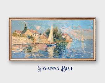 Nautical Impressionist Style Painting Sailboat Reflection Coastal Seascape Art Vivid Colorful Decor Instant Digital Download Printable Art
