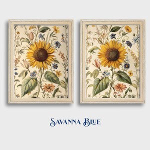 Sunflower Wall Art Digital Download Botanical Print Nature Vintage Inspired Flower Art for DIY Home Decor Projects and Gifts Set of Two