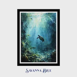 Watercolor Digital Art Print Sea Turtle Rising off the Ocean Floor  Underwater Ocean Life Instant Digital Download DIY Printable Wall Art