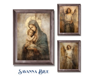 Madonna and Child Angels Gallery Wall Art Set of Three Spiritual Painting Home Decor Holiday Art Instant Digital Download Printable Wall Art