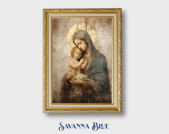 Madonna and Child Digital Art Vintage Fresco Christ Child Spiritual Painting Timeless Home Decor Instant Digital Download Printable Wall Art