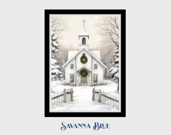 White Christmas Country Church Wall Art Snowy Winter Outdoor Art Country Christmas Holiday Home Decor Instant Digital Download Printable Art