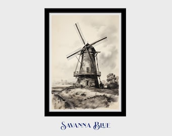 Vintage Dutch Windmill Sketch, European Landscapes, Rural Decor, Antique Dutch Drawing, Heritage Print, Printable Wall Art, Digital Download