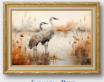 Florida Landscape | Sandhill Crane Prairie Wall Art | Nature Watercolor | Southern Wetlands | Bird Art | Warm Neutrals | Digital Download
