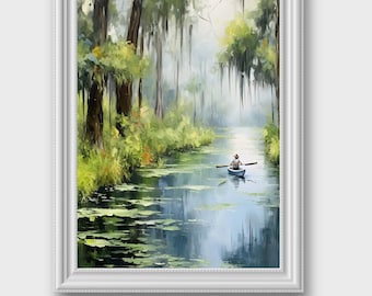 Florida Wall Art | Florida Landscape Watercolor | Cypress Trees | Florida Kayak | Warm Neutrals | Printable Wall Art | Digital Download