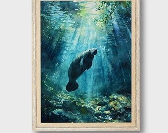 Manatee Watercolor Print Florida Wildlife Art Aquatic Nursery Decor Nature-Inspired Home Decor Instant Digital Download DIY Printable Art