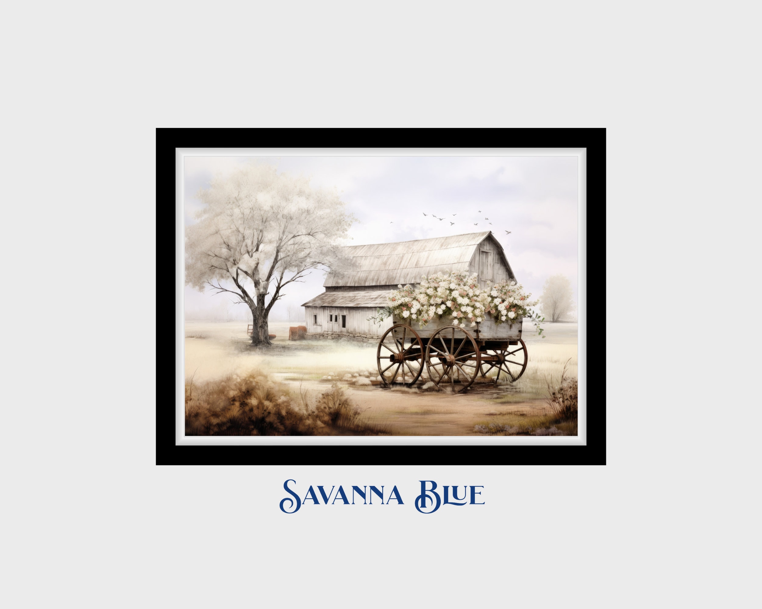 Rustic Barn and Floral Cart Spring Print Farmhouse Wall Art Country ...