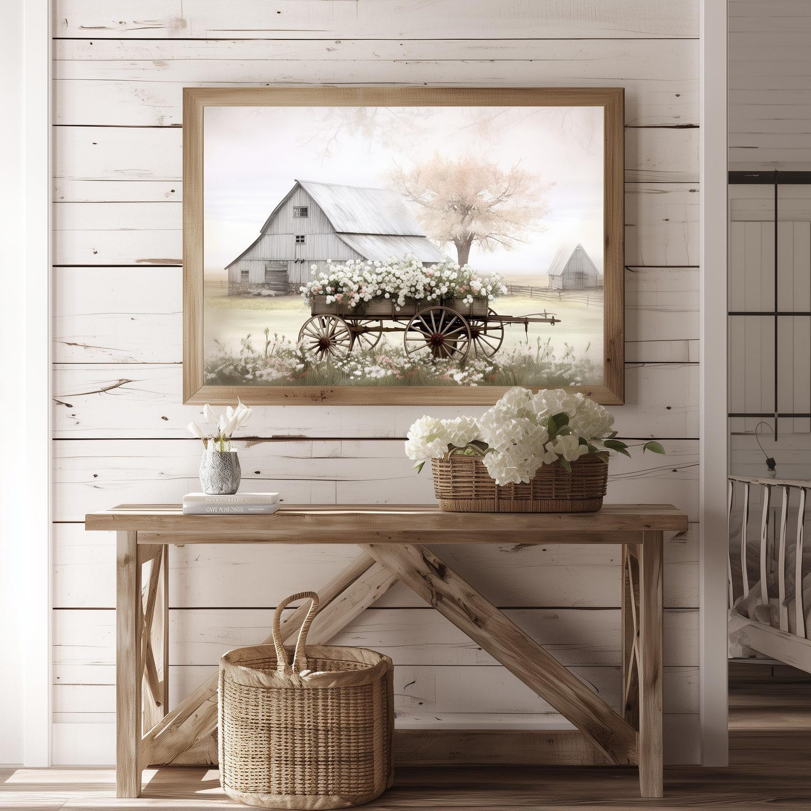 Floral Cart and Rustic Barn Spring Print Farmhouse Wall Art Country ...
