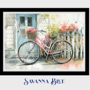 Springtime Bicycle Watercolor Style Digital Print Floral Bike Basket Decor Charming Cottage Entryway Instant Digital Download Printable Art
