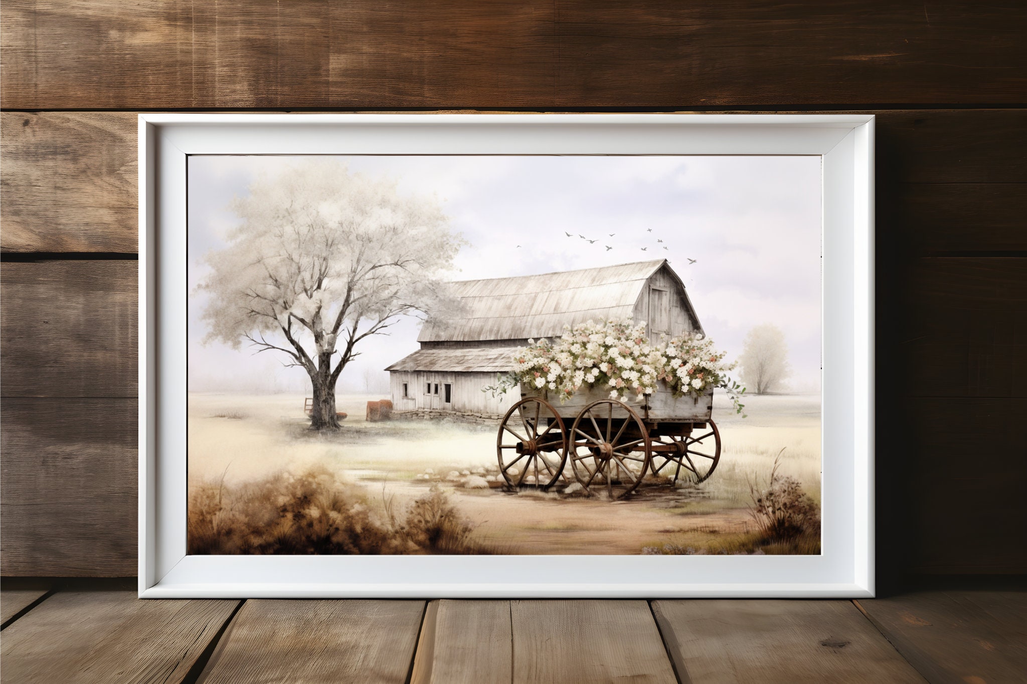 Rustic Barn and Floral Cart Spring Print Farmhouse Wall Art Country ...