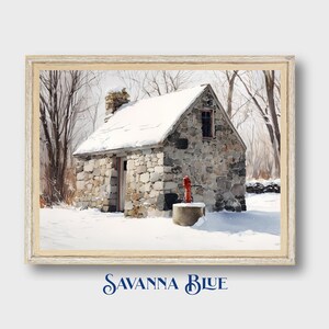 May include: A framed print of a stone cottage covered in snow, with a red water pump in the foreground. The artwork is set in a snowy landscape with bare trees, evoking a winter scene. The text "SAVANNA BLUE" is at the bottom.
