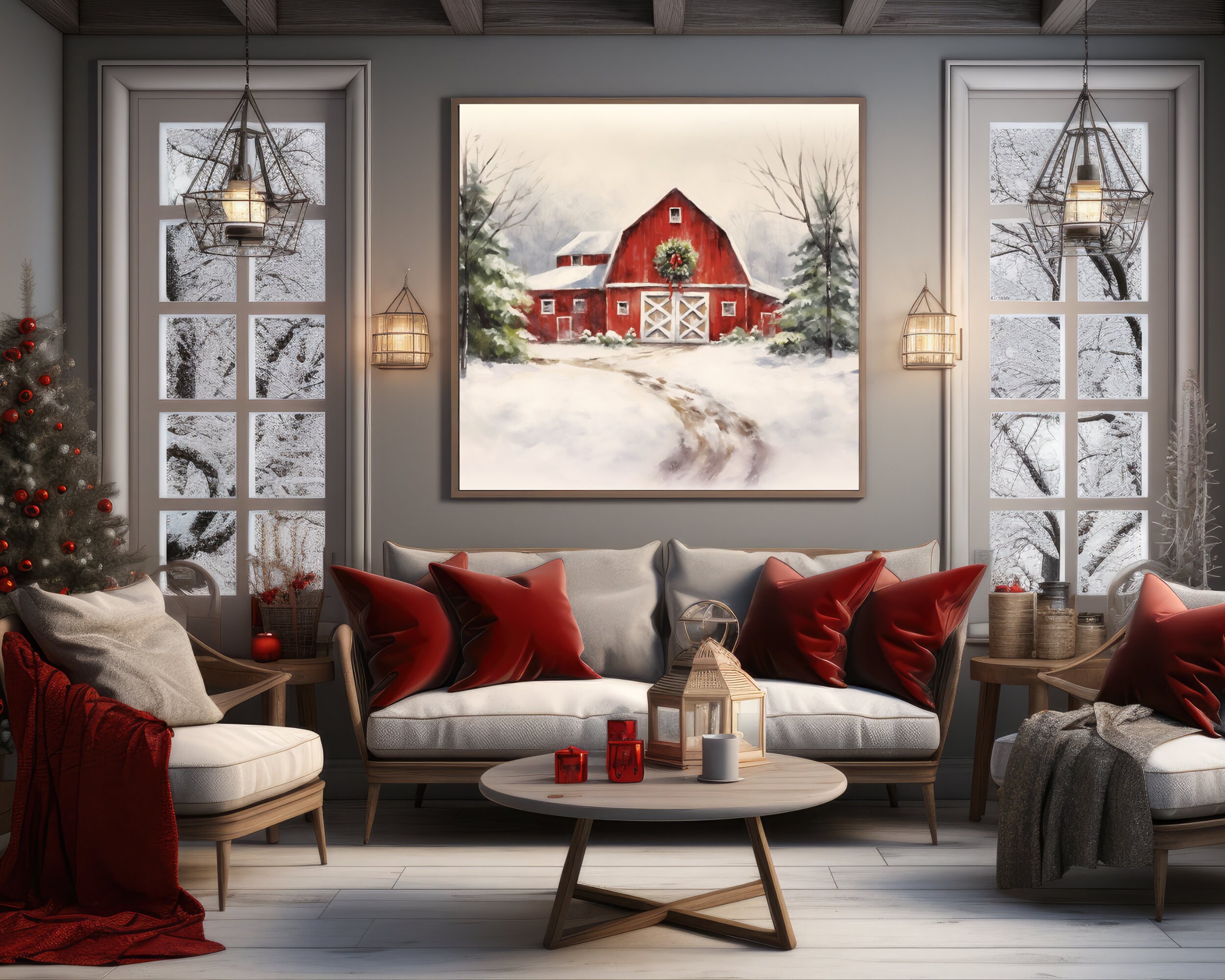 Farmhouse Winter Wonderland Landscape Wall Art Christmas Sketch Outdoor