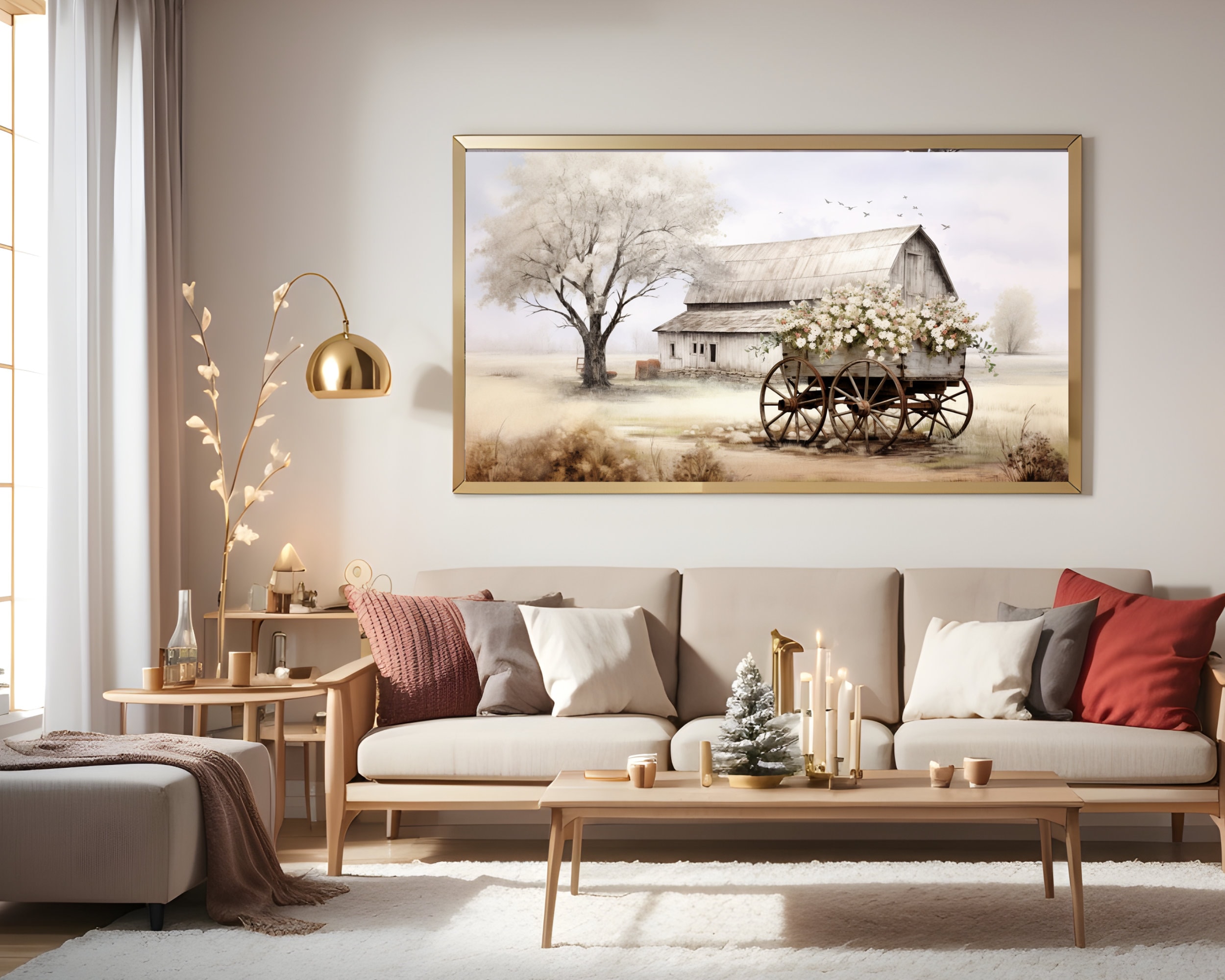 Rustic Barn and Floral Cart Spring Print Farmhouse Wall Art Country ...