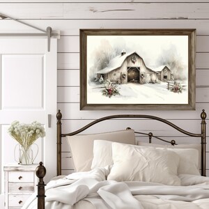 Art Print: Holiday Barn With Wreaths, Cozy Interior Light and Snow ...