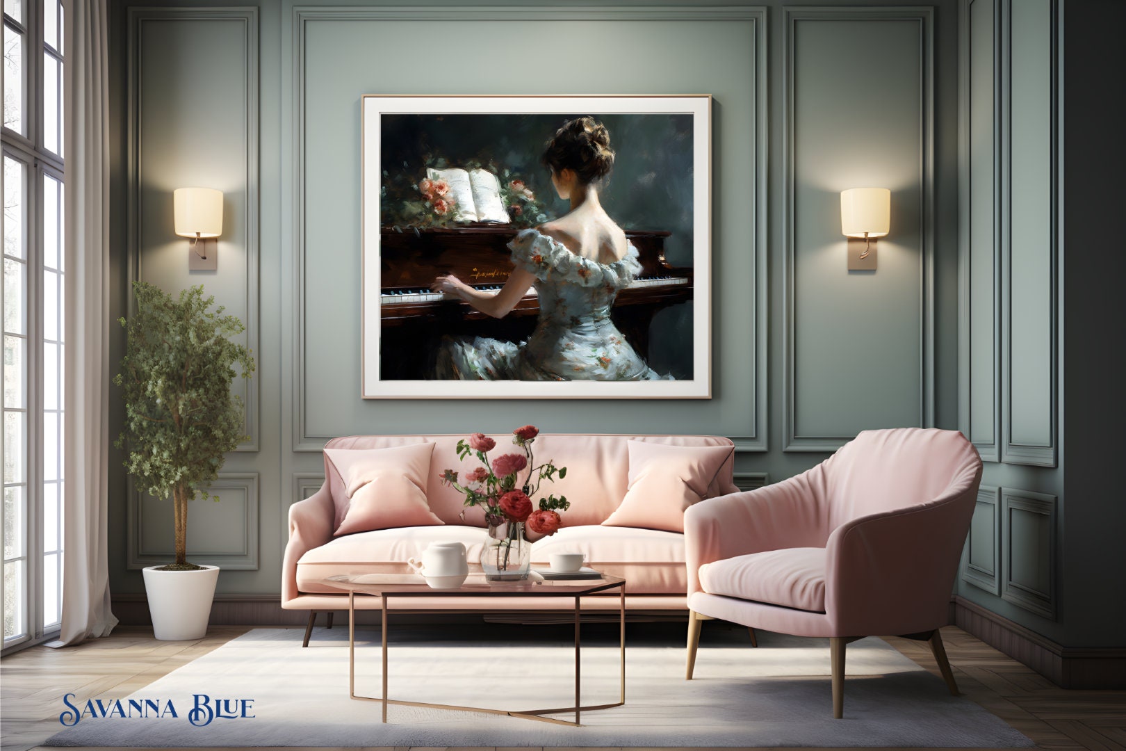 Vintage Portrait Wall Art Woman Plays Piano French Country Wall Art ...
