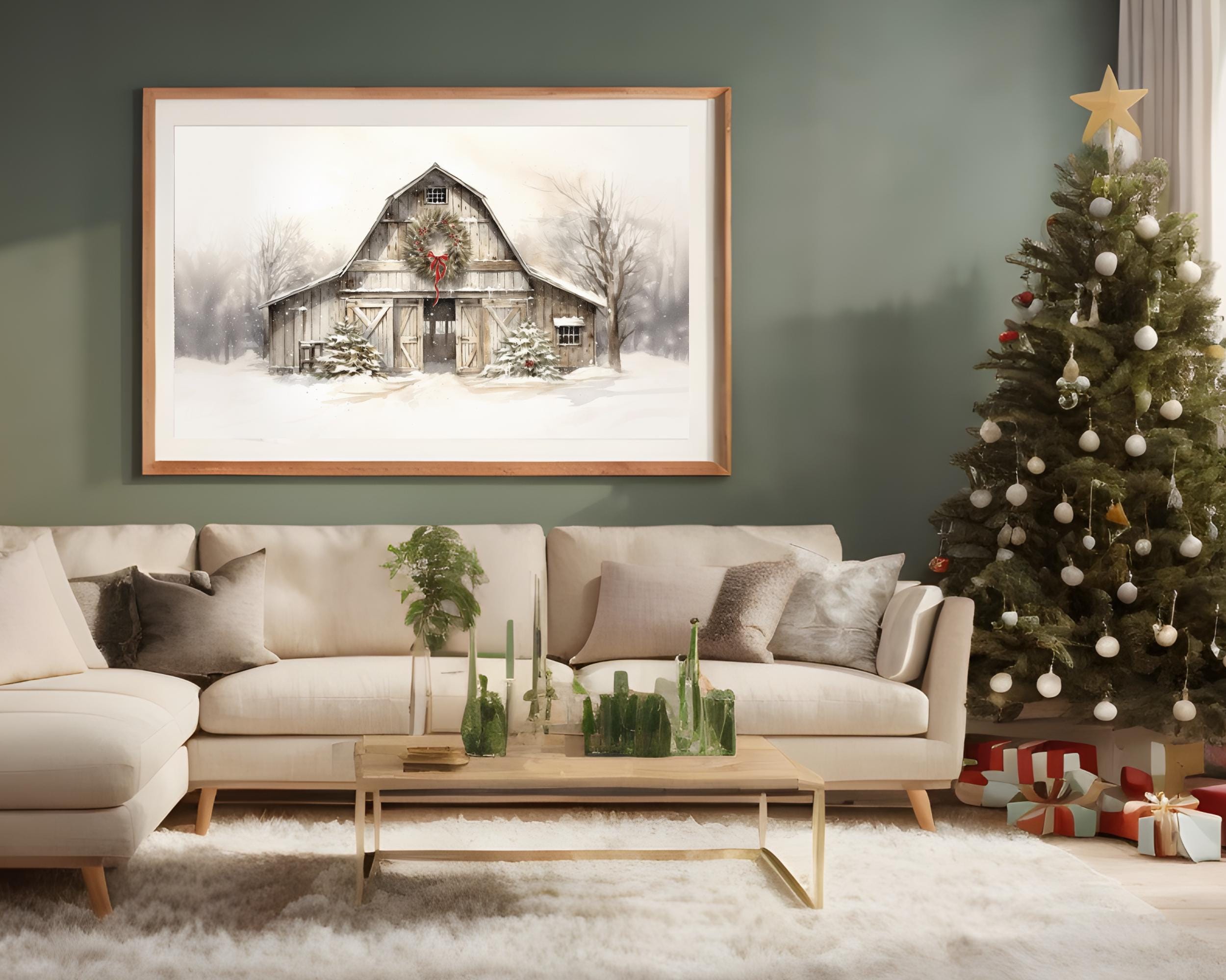 Farmhouse Winter Wonderland Landscape Wall Art Christmas Sketch Outdoor ...