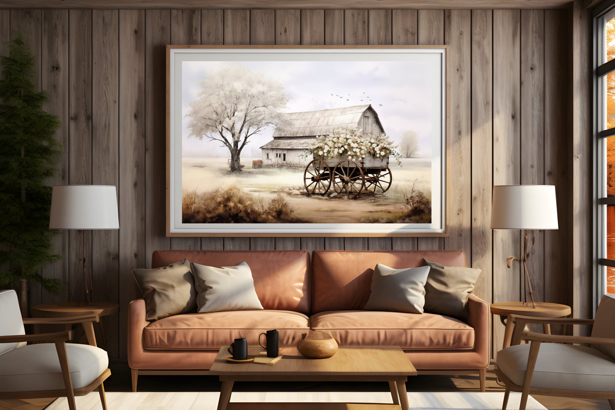 Rustic Barn and Floral Cart Spring Print Farmhouse Wall Art Country ...