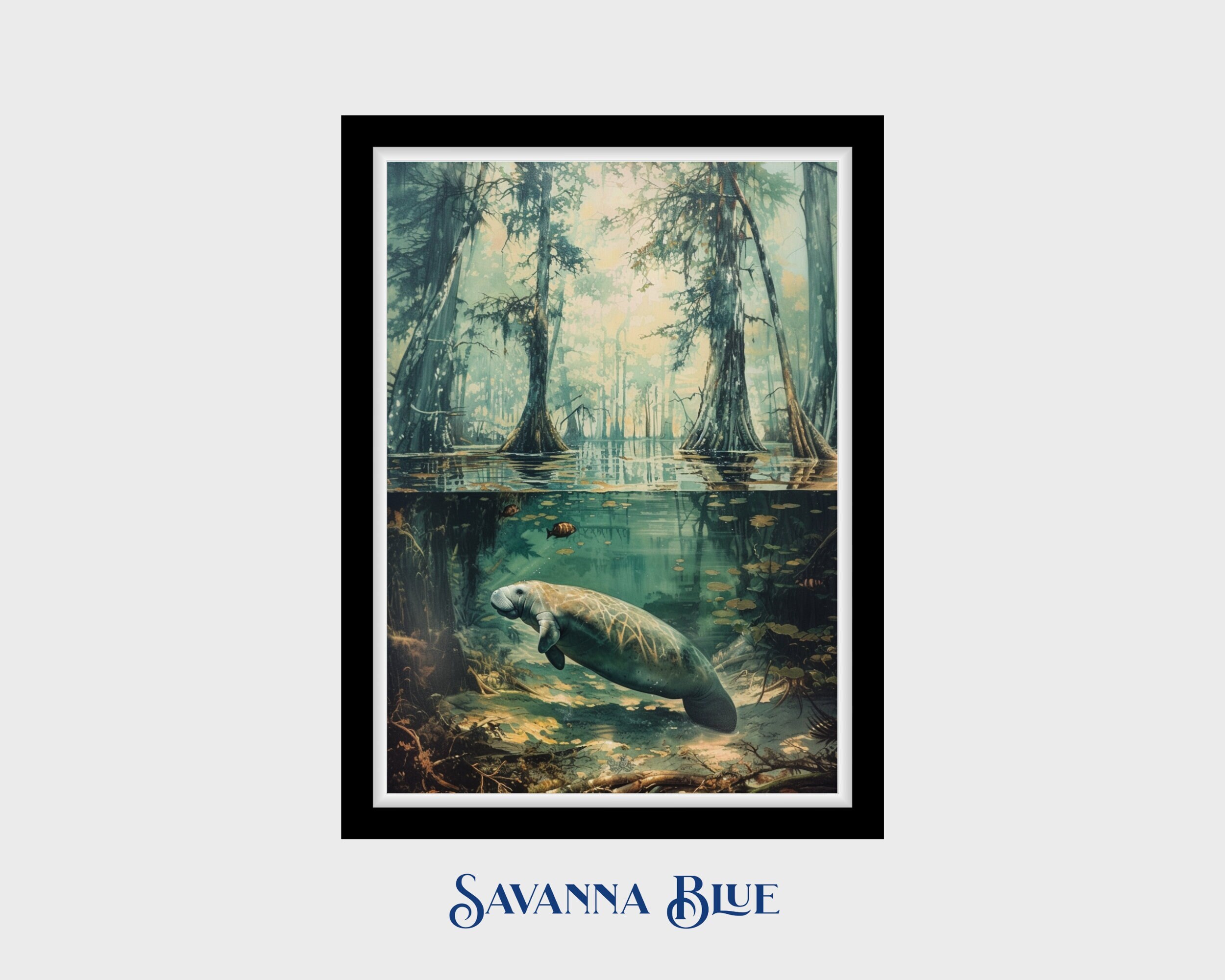 Manatee Art Print Florida Springs Art Sea Cow Underwater Landscape Swamp Life Home Office Decor Instant Digital Download DIY Printable Art