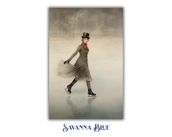 Victorian Woman Ice Skating Figure Skater Luxury Art Timeless Portrait Art Stylized Painting Instant Digital Download Printable Wall Art